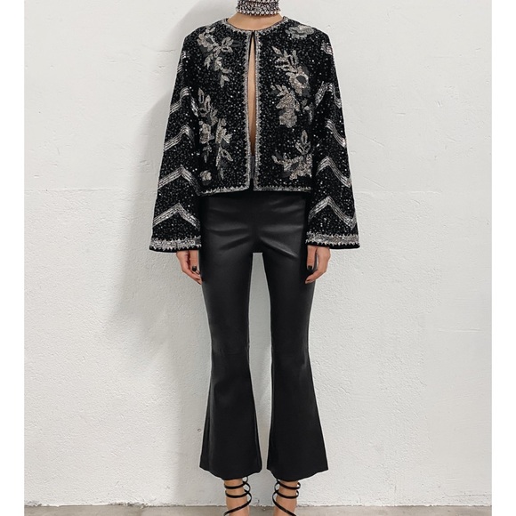 CROPPED FLARED LEATHER PANTS - Picture 1 of 7